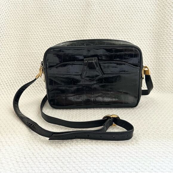 Sondra Roberts Vintage Black Leather Croc Embossed Rectangular Box Crossbody Bag - Picture 7 of 16